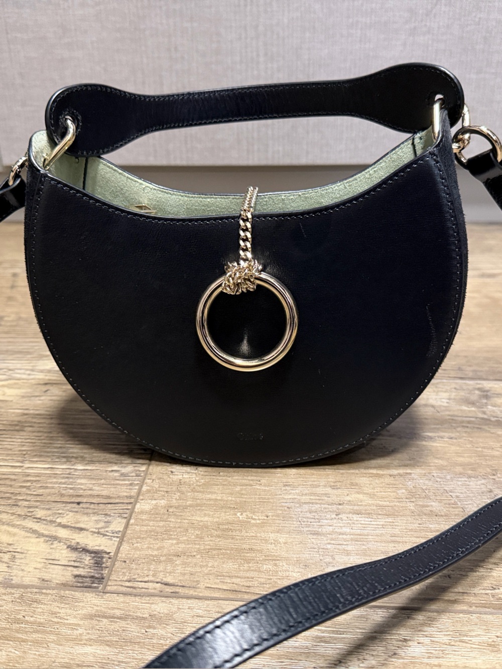 Chloe Black Leather Crossbody Bag with Gold Ring Detail
